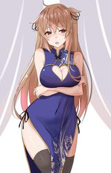  ahoge arms_under_breasts black_thighhighs blue_dress breast_hold breasts china_dress chinese_clothes cleavage cleavage_cutout clothing_cutout covered_navel crossed_arms dress female heart heart-shaped_pupils heart_cutout highres kantai_collection large_breasts light_brown_hair long_hair murasame_(kancolle) murasame_kai_ni_(kancolle) open_mouth red_eyes saku_(kudrove) side_slit sleeveless sleeveless_dress solo symbol-shaped_pupils thighhighs 