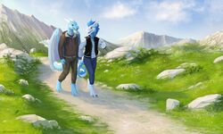  2021 albion_(albion2000) anthro clothed clothing cronic dragon duo european_mythology hi_res hiking male membrane_(anatomy) membranous_wings mountain mythological_creature mythological_scalie mythology nature outside scalie tail vampi walking western_dragon wilderness wings 