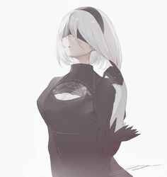  2b_(nier:automata) absurdres artist_name bad_id bad_twitter_id black_dress black_hairband blindfold cleavage_cutout clothing_cutout dress feather-trimmed_sleeves female gloves hairband hand_up highres juliet_sleeves long_sleeves medium_hair nier:automata nier_(series) parted_lips puffy_sleeves signature simple_background solo upper_body yuishironeko 