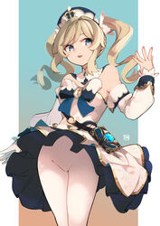  :d a:n_(angrynum) barbara_(genshin_impact) bare_shoulders belt blonde_hair blue_background blue_eyes blush book book_holster bow cowboy_shot detached_collar detached_sleeves dress female genshin_impact gradient_background groin hand_up layered_dress long_hair long_sleeves looking_at_viewer nail_polish open_mouth pantyhose pink_nails sidelocks smile solo strapless strapless_dress twintails upskirt vision_(genshin_impact) white_dress white_headwear white_pantyhose 