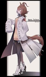  agnes_tachyon_(umamusume) ahoge animal_ears black_necktie black_pantyhose black_shirt boots brown_hair character_name coat commentary_request female high_heel_boots high_heels highres horse_ears horse_girl horse_tail lab_coat looking_at_viewer looking_to_the_side necktie pantyhose red_eyes shadow shirin_(tsukimiyagura) shirt short_hair sleeves_past_wrists smile solo sweater tail test_tube twitter_username umamusume white_coat white_footwear yellow_sweater 