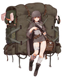  2girls :/ absurdres ammunition_box animal_ears animal_hood ass_visible_through_thighs backpack bad_id bad_pixiv_id bag bandaged_hand bandaged_leg bandages belt_pouch blush boots brown_eyes brown_hair cloak combat_helmet cross-laced_footwear dress_shirt efreeti_(last_origin) eyebrows_visible_through_hat full_body greentree grey_skirt gun helmet highres holding holding_gun holding_weapon hood last_origin looking_at_viewer microskirt miniskirt mp40 multiple_girls nose_bubble orange_eyes oversized_object panties pencil_skirt pouch rabbit_ears rabbit_hood satchel shirt short_hair silky_(last_origin) simple_background skirt stahlhelm submachine_gun torn_clothes torn_skirt trigger_discipline underwear walking weapon white_background white_panties 