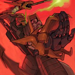  commentary dragon_gundam fighting_stance g_gundam green_eyes gundam highres holding holding_staff mecha olympia_sweetman open_hand red_background robot science_fiction solo staff symbol-only_commentary v-fin 