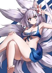  animal_ears azur_lane bikini blue_bikini blue_eyes blue_sarong eyeliner female fox_ears fox_girl fox_mask fox_tail highres kaga_(azur_lane) kaga_(everlasting_killing_stone)_(azur_lane) kitsune kyuubi makeup mask mask_on_head multiple_tails official_alternate_costume ramuya_(lamb) sarong swimsuit tail white_hair white_tail 