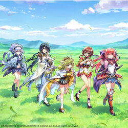  5girls album_cover armor blonde_hair blue_eyes blue_hair brown_eyes cape cover cow_horns dress fake_horns falling_petals frilled_sleeves frills from_side fukube goou_yoshimitsu green_eyes hair_bun hair_flaps hair_ornament hair_ribbon hair_stick hairband hakama hakama_skirt hand_on_own_cheek hand_on_own_chest hand_on_own_face hand_up highres hill horns japanese_armor japanese_clothes jouizumi_masamune katana kimono kneehighs kogarasumaru_(tenka_hyakken) kuwana_gou_(tenka_hyakken) light_purple_hair long_hair long_sleeves low-tied_sidelocks meadow miniskirt multiple_girls nanaka_(tenka_hyakken) obi obijime official_art petals platform_footwear popped_collar purple_dress purple_eyes red_eyes red_hair ribbon ribbon-trimmed_sleeves ribbon_trim rope sash sheath sheathed short_hair short_sleeves skirt sleeves_past_wrists socks sword tabi tassel tenka_hyakken thighhighs two_side_up waist_cape walking weapon wide_sleeves yellow_dress yellow_eyes 