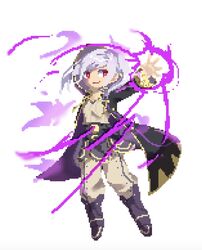  aura betabetamaru boots bright_pupils commentary_request dark_aura female fire_emblem fire_emblem_awakening full_body gloves grey_hair grima_(fire_emblem) highres hood hood_up hooded_robe long_hair long_sleeves magic outstretched_arm pixel_art red_eyes robe robin_(female)_(fire_emblem) robin_(fire_emblem) simple_background smirk solo twintails white_background wizard 