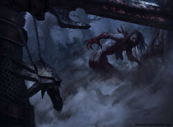  1other ass blood blood_on_face blood_on_hands commentary corpse deviantart_username english_commentary fog forest from_behind geralt_of_rivia grave_hag_(witcher) highres holding holding_sword holding_weapon medallion medieval monster nature red_eyes sword tatarskiskandal the_witcher_(series) the_witcher_3 tree unsheathed weapon witcher_medallion 