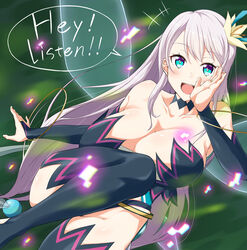  angakoq bare_shoulders blue_eyes breasts choker cleavage collarbone commentary_request english_text fairy fairy_wings female flower hair_flower hair_ornament highres huge_breasts kisaragi_reona kyuukyoku_shinka_shita_full_dive_rpg_ga_genjitsu_yori_mo_kusoge_dattara long_hair looking_at_viewer navi open_mouth parody revealing_clothes the_legend_of_zelda the_legend_of_zelda:_ocarina_of_time thighhighs very_long_hair white_hair wings 