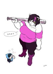  ambiguous_gender anthro ball baseball_(ball) baseball_bat bat_(object) belly big_breasts black_hair boots breasts catti_(deltarune) clothed clothing deep_navel deltarune dialogue domestic_cat duo eyeless felid feline felis female footwear fur hair hi_res high-angle_view high_heeled_boots high_heels highlights_(coloring) holding_bat huge_breasts humanoid japanese_text kannoie lancer_(deltarune) larger_female looking_at_another mammal navel navel_outline off_shoulder open_mouth open_smile overweight overweight_anthro overweight_female pink_highlights shirt short_hair simple_background size_difference smile speech_bubble standing text thick_thighs three-quarter_view tight_clothing tight_shirt tight_topwear topwear undertale_(series) whiskers white_body white_fur wide_hips yellow_sclera 