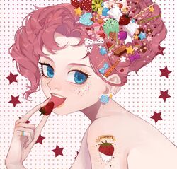  bare_shoulders blue_eyes candy_hair_ornament curly_hair decora earrings female food food-themed_hair_ornament freckles fruit hair_ornament holding holding_food holding_fruit jewelry my_little_pony my_little_pony:_friendship_is_magic personification pink_hair pinkie_pie_(mlp) solo strawberry tattoo xieyanbbb 