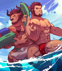  2boys abs absurdres alternate_costume animal_ears back-to-back bara bard beard chest_hair commentary commission cow_ears cow_horns english_commentary facial_hair fate/grand_order fate/zero fate_(series) feet_out_of_frame furry furry_male furry_with_non-furry guoguo highres horns hosun_(@hosun009) interspecies iskandar_(fate) large_pectorals loincloth loincloth_lift male_focus male_swimwear mature_male minotaur multiple_boys muscular muscular_male navel nipples one_eye_closed original pectorals red_eyes red_hair scar scar_across_eye scar_on_face short_hair swim_briefs thick_thighs thighs topless_male water water_gun wet 