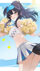  absurdres animal_ears back bare_shoulders black_hair blue_archive blue_eyes blush breasts cheerleader crop_top crop_top_overhang dog_ears dog_girl dog_tail duplicate eyewear_on_head female from_behind goggles goggles_on_head halo hands_up hibiki_(blue_archive) hibiki_(cheer_squad)_(blue_archive) highres holding holding_pom_poms leaning_forward long_hair looking_at_viewer millennium_cheerleader_outfit_(blue_archive) mimizuku_(mmiganaru) miniskirt navel official_alternate_costume one_eye_closed panties pixel-perfect_duplicate pleated_skirt pom_pom_(cheerleading) ponytail skirt sky sleeveless solo star_(symbol) sticker_on_face sweat tail thighs underwear white_panties white_skirt 