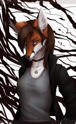  2014 anthro black_nose breasts brown_hair canid canine charm_necklace clothed clothing digital_media_(artwork) female fox fur hair hi_res jewelry lynjox mammal necklace occult_symbol orange_body orange_fur pentagram pentagram_necklace solo symbol 