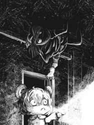  2girls animal_ears closed_mouth commentary commentary_request cookie_(touhou) dark doorway flashlight flashlight_beam greyscale hair_between_eyes hisaka_(cookie) indoors konno_thunder_mcqueen long_sleeves monochrome mouse_ears multiple_girls nazrin nyon_(cookie) on_ceiling remilia_scarlet short_hair touhou upper_body 