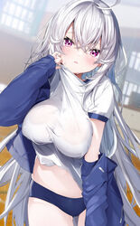  absurdres ahoge blue_buruma blue_jacket blurry blurry_background breasts buruma commentary_request depth_of_field female gym_shirt gym_uniform hair_between_eyes highres indoors jacket kamioka_shun&#039;ya large_breasts long_hair long_sleeves looking_at_viewer navel off_shoulder open_clothes open_jacket original parted_lips puffy_short_sleeves puffy_sleeves purple_eyes shiori_(kamioka_shun&#039;ya) shirt short_sleeves sleeves_past_wrists solo sweat track_jacket very_long_hair white_hair white_shirt 