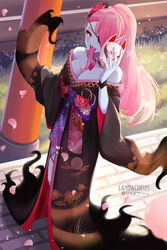  artist_name bare_shoulders black_kimono blue_skin breasts cherry_blossoms colored_sclera colored_skin commission cosplay eyepatch eyeshadow female fins floral_print fox_mask grass_print head_fins highres holding holding_mask hololive hololive_english japanese_clothes kimono landacdeus large_breasts long_hair long_tongue looking_at_viewer makeup mask monster_girl mori_calliope mori_calliope_(cosplay) mori_calliope_(new_year) nail_polish no_bra obi off_shoulder official_alternate_costume open_mouth petals pink_eyeshadow pink_hair pink_nails sash sharp_teeth solo standing teeth tongue tongue_out torii undertale undyne very_long_hair virtual_youtuber wide_sleeves yellow_sclera 