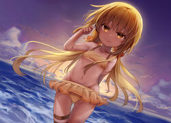  bikini bikini_skirt blonde_hair commentary_request female highres kantai_collection logiclr long_hair looking_at_viewer navel outdoors satsuki_(kancolle) smile solo swimsuit twilight twintails water yellow_bikini yellow_eyes 