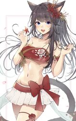  :d animal_ears bandeau black_hair blue_eyes breasts cat_ears cat_girl cat_tail facial_mark female final_fantasy final_fantasy_xiv highres long_hair medium_breasts midriff miniskirt miqo&#039;te mokokoiro navel open_mouth pleated_skirt ponytail red_bandeau skirt smile stomach tail warrior_of_light_(ff14) whisker_markings white_skirt 