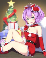  alternate_costume aqua_eyes azur_lane bag bare_shoulders belt black_belt blush box breasts character_doll christmas_tree cleavage dress elbow_gloves female from_side fuki_to_takenoko fur_trim gift gift_box gloves hair_ribbon hat highres holding holding_bag javelin_(azur_lane) looking_at_viewer medium_breasts mini_hat open_mouth ponytail purple_hair red_dress red_gloves red_ribbon ribbon santa_costume santa_hat sitting solo 