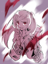  aura betabetamaru cloak commentary_request dark_aura empty_eyes evil_smile female fire_emblem fire_emblem_awakening gloves grima_(fire_emblem) highres hood hood_down hooded_cloak long_hair long_sleeves monochrome red_eyes robe robin_(female)_(fire_emblem) robin_(fire_emblem) simple_background smile solo spot_color twintails upper_body 