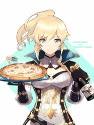  artist_name blonde_hair bottle breasts character_name copyright_name corset ctiahao female food genshin_impact grey_eyes highres holding holding_bottle holding_tray jean_(genshin_impact) medium_breasts medium_hair pizza smile solo strapless tied_hair tray wine_bottle 