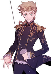  1boy 723_(tobi) black_jacket black_pants blonde_hair braid braided_ponytail closed_mouth giorno_giovanna green_eyes highres holding holding_sword holding_weapon jacket jojo_no_kimyou_na_bouken long_hair long_sleeves looking_at_viewer male_focus pants simple_background smile solo sword vento_aureo weapon white_background 