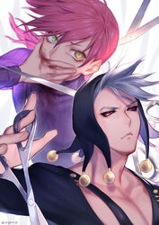  2boys 723_(tobi) black_sclera blood blood_on_hands closed_mouth colored_sclera green_eyes grey_hair heterochromia highres jojo_no_kimyou_na_bouken looking_at_viewer male_focus multiple_boys pink_hair red_eyes risotto_nero scissors simple_background vento_aureo vinegar_doppio white_background yellow_eyes 