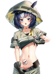  :o absurdres animal_ears arknights belt black_belt black_gloves black_hair blue_eyes blunt_bangs blush breasts brown_shirt brown_shorts clothes_lift clothes_pull collarbone commentary_request cowboy_shot detached_hood ears_through_headwear female glaucus_(arknights) glaucus_(exterminator_in_the_square)_(arknights) gloves groin highres hood hood_up lifting_own_clothes looking_at_viewer md5_mismatch midriff mole mole_on_body mole_on_breast multicolored_hair navel night_vision_device oerba_yun_fang official_alternate_costume open_mouth originium_(arknights) shirt shirt_lift short_hair short_sleeves shorts shorts_pull sidelocks simple_background skin_fang small_breasts so_tsubasa solo standing stomach_tattoo streaked_hair tattoo underboob white_background white_hair 