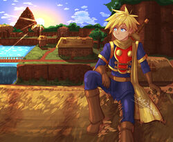  1boy absurdres armor blonde_hair blue_eyes cape golden_sun highres isaac_(golden_sun) looking_to_the_side male_focus markustercero outdoors scarf smile sun super_smash_bros. sword village weapon 