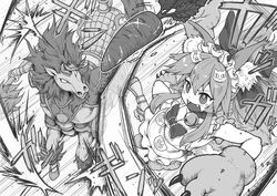  1boy :d animal_ear_fluff animal_ears animal_feet animal_hands apron battle bell bow breasts carrot cat_hair_ornament cat_paws centaur claws cleavage collar commentary_request fangs fate/grand_order fate_(series) female fighting fox_ears fox_girl fox_tail frills from_above gloves greyscale hair_between_eyes hair_ornament hairbow highres horse_legs jingle_bell jumping kusama_takato large_breasts light_blush long_hair looking_at_object looking_up maid_headdress monochrome naked_apron neck_bell open_mouth paw_gloves paw_print paw_shoes ponytail red_hare_(fate) sidelocks sleeveless smile tail tamamo_(fate) tamamo_cat_(fate) tamamo_cat_(third_ascension)_(fate) taur tongue 