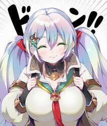  blush breasts closed_eyes cupitan_(granblue_fantasy) female granblue_fantasy grey_hair highres large_breasts long_hair long_sleeves looking_at_viewer neckerchief pilokey puffy_long_sleeves puffy_sleeves shirt smile solo translation_request twintails white_shirt 