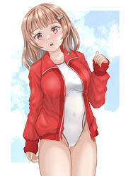  blush breasts brown_eyes brown_hair competition_swimsuit female hair_ornament hairclip highleg highleg_swimsuit highres jacket large_breasts mashinatsu one-piece_swimsuit open_clothes open_jacket open_mouth original short_hair swimsuit track_jacket white_one-piece_swimsuit 