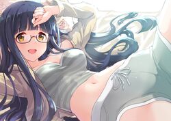  :d arms_up bespectacled blue_hair blush breasts brown_cardigan camisole cardigan cleavage collarbone crop_top damokan66 female glasses grey_camisole grey_shorts hair_down highres idolmaster idolmaster_million_live! idolmaster_million_live!_theater_days kitakami_reika large_breasts long_hair looking_at_viewer lying midriff navel on_back on_bed pillow semi-rimless_eyewear shorts smile solo spaghetti_strap stomach striped_camisole sunlight tareme very_long_hair yellow_eyes 