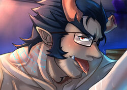  1boy absurdres bara beard blue_hair broken_horn brown-framed_eyewear close-up collarbone completely_nude dark_blue_hair demon_boy demon_horns facial_hair fiery_horns forked_eyebrows glasses highres horns kageru_(mofnyan) long_sideburns looking_at_viewer male_focus mature_male muscular muscular_male nude oerba_yun_fang pointy_ears portrait red_eyes saliva sexually_suggestive short_hair sideburns smug solo stubble takemaru_(housamo) thick_eyebrows tokyo_afterschool_summoners tongue tongue_out 