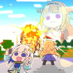  3girls akai_haato akai_haato_(1st_costume) amane_kanata amane_kanata_(1st_costume) artist_name blonde_hair blue_eyes blue_hair blue_sky cellphone chibi cloud colored_inner_hair commentary dragon_girl dragon_horns explosion explosion_gag expressionless hair_ornament hair_ribbon highres holding holding_phone hololive horns kiryu_coco kiryu_coco_(1st_costume) minecraft multicolored_hair multiple_girls open_mouth orange_hair phone pink_hair purple_eyes ribbon selfie sky smartphone streaked_hair taking_picture transparent tree v virtual_youtuber wakatsuki_misato white_hair yagoo 