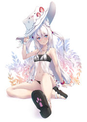  animal_ear_headwear animal_ears arm_behind_back azur_lane babydoll bare_legs bare_shoulders barefoot bikini black_bikini blue_eyes blush breasts cat_cutout_panties cat_ears cat_girl fake_animal_ears feet female full_body hair_bobbles hair_ornament hammann_(azur_lane) hammann_ii_(another_rebellious_summer)_(azur_lane) hammann_ii_(azur_lane) hand_up highres legs lifting_own_clothes long_hair nakazawa_aki navel oerba_yun_fang official_alternate_costume outstretched_leg parted_lips paw_print ribbon sandals see-through sitting small_breasts solo spaghetti_strap staring stomach strawberry_hat_ornament swimsuit thighs toes two_side_up very_long_hair white_babydoll white_hair white_ribbon wrist_ribbon 