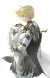  absurdres armor blonde_hair bodysuit breasts cape clare_(claymore) claymore_(series) commentary cowboy_shot dino_(dinoartforame) faulds female frown grey_skirt hand_on_own_chest highres looking_at_viewer medium_breasts pauldrons short_hair shoulder_armor simple_background skirt solo swept_bangs white_background white_bodysuit white_cape yellow_eyes 