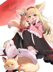  :d animal animal_ear_fluff animal_ears apron arknights black_hakama blonde_hair blush bobby_socks coin_purse commentary_request feet female floral_print flower foot_focus fox fox_ears fox_girl fox_tail frilled_apron frills green_eyes hair_flower hair_ornament hairband hakama hakama_skirt hehehzb highres holding holding_animal japanese_clothes kimono kitsune kyuubi long_sleeves multicolored_hair multiple_tails no_shoes official_alternate_costume oil-paper_umbrella okobo open_mouth pink_kimono pleated_skirt red_hairband red_umbrella sandals skirt smile socks solo suzuran_(arknights) suzuran_(yukibare)_(arknights) tabi tail toes two-tone_hair umbrella unworn_sandals waist_apron white_apron white_hair white_socks wide_sleeves yagasuri 