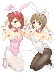  2girls :d :o animal_ears bare_shoulders black_legwear blush bow bowtie braid breasts brown_hair cleavage collar collarbone commentary_request cover_image detached_collar fake_animal_ears green_eyes hair_bun hair_ornament hairband hairclip hands_up high_heels highres leotard looking_at_viewer love_live! love_live!_nijigasaki_high_school_idol_club medium_breasts multiple_girls nakasu_kasumi one_side_up open_mouth pantyhose parted_lips pink_bow pink_bowtie pink_footwear pink_hairband pink_leotard playboy_bunny purple_eyes rabbit_ears rabbit_pose rabbit_tail red_bow red_bowtie sakurai_makoto_(custom_size) shoes short_hair simple_background single_hair_bun single_side_bun smile strapless strapless_leotard tail teeth twitter_username uehara_ayumu upper_teeth_only white_background white_collar white_footwear white_hairband white_leotard white_pantyhose wing_collar wrist_cuffs 