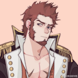  1boy amaimochi bad_id bad_weibo_id bara blue_eyes brown_hair commentary_request epaulettes facial_hair fate/grand_order fate_(series) goatee large_pectorals long_sideburns looking_at_viewer male_focus muscular muscular_male napoleon_bonaparte_(fate) pectoral_cleavage pectorals scar short_hair sideburns solo upper_body 