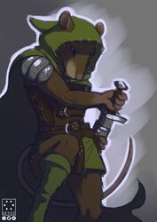  2022 6eyesandhooves absurd_res anthro armor artist_logo belt boots bottomwear clothing footwear ghost_of_a_tale gradient_background green_clothing green_topwear hi_res holding_object holding_weapon hood_(clothing) instagram_logo logo looking_down male mammal melee_weapon murid murine pauldron raised_foot rat rodent silas_(ghost_of_a_tale) simple_background solo straps sword topwear twitter twitter_logo watermark weapon 