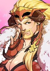  1boy beard blonde_hair blush draph earrings facial_hair goatee granblue_fantasy horns jewelry ladiva large_pectorals long_hair looking_at_viewer male_focus mature_male moustache muscular muscular_male pectoral_cleavage pectorals portrait ryuuki_garyuu smile solo upper_body whispering wrestling_mask 