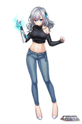  bare_shoulders black_shirt blue_eyes blue_pants breasts chojo:_crypto_girls_arena clothing_cutout collarbone crop_top denim female full_body grey_hair grin hair_ornament hand_up high_heels highres jeans kyjsogom large_breasts long_hair looking_at_viewer midriff nail_polish navel official_art pants prosthesis prosthetic_arm shirt shoulder_cutout simple_background smile solo standing stomach white_background 