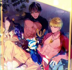  2boys artist_name bare_pectorals blonde_hair brown_hair dark-skinned_male dark_skin earrings fate/grand_order fate_(series) feline gilgamesh_(fate) jewelry male_focus multiple_boys navel necklace open_clothes ozymandias_(fate) pectorals petting red_eyes sakura_hitsuji short_hair shrug_(clothing) sitting smile sphinx_awlad toned toned_male yaoi yellow_eyes 