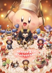  6+girls absurdres adeleine anniversary bandana bandana_waddle_dee birthday_cake blue_bandana bow cake chef_hat closed_eyes coo_(kirby) dark_meta_knight daroach drawing english_text flamberge_(kirby) food fork francisca_(kirby) fruit gooey_(kirby) hat heart highres hyness icing kine_(kirby) king_dedede kirby kirby:_star_allies kirby_(series) knife magolor marx_(kirby) meta_knight multiple_girls muscular okame_nin one_eye_closed open_mouth rayman_limbs ribbon_(kirby) rick_(kirby) size_difference smile sparkling_eyes star_(symbol) strawberry susie_(kirby) taranza tongue tongue_out void_termina whipped_cream zan_partizanne 