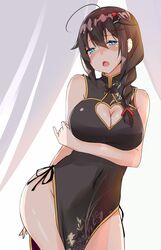  ahoge alternate_costume arm_under_breasts black_dress black_hair blue_eyes braid breast_hold breasts china_dress chinese_clothes cleavage cleavage_cutout clothing_cutout covered_navel dress female hair_flaps hair_ornament hair_over_shoulder hair_ribbon heart heart-shaped_pupils heart_cutout highres kantai_collection large_breasts oerba_yun_fang red_ribbon ribbon saku_(kudrove) shigure_(kancolle) shigure_kai_ni_(kancolle) side_slit sidelocks single_braid skin_fang sleeveless sleeveless_dress solo symbol-shaped_pupils 