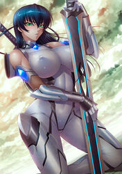  absurdres alternate_costume bare_shoulders blue_hair blush bodysuit breasts cleavage cloud cloudy_sky covered_navel covered_nipples female fishnets green_eyes highres igawa_asagi impossible_bodysuit impossible_clothes kagami_hirotaka kneeling large_breasts long_hair looking_at_viewer navel ninja official_art photoshop_(medium) puffy_nipples skin_tight sky smile solo sword taimanin_(series) taimanin_asagi taimanin_asagi_3 taimanin_suit vambraces weapon white_bodysuit 