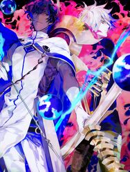  2boys agni_gandiva arjuna_(fate) arrow_(projectile) bishounen black_hair bodysuit bow_(weapon) cape color_contrast commentary_request dark-skinned_male dark_skin drawing_bow eyeshadow fate/apocrypha fate/grand_order fate_(series) fur_trim gloves holding holding_bow_(weapon) holding_weapon karna_(fate) makeup male_focus multiple_boys pale_skin tatsuta_age weapon white_gloves white_hair 