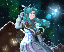  aqua_eyes aqua_hair dress female gloves golden_sun hand_up highres looking_away markustercero mia_(golden_sun) night smile snow white_dress 