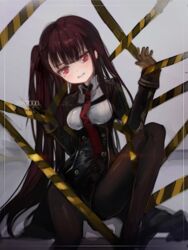  bad_id bad_pixiv_id blush brown_gloves brown_pantyhose caution_tape character_name clenched_teeth female girls&#039;_frontline gloves hair_ribbon hyatsu korean_commentary long_hair necktie one_side_up pantyhose red_eyes red_hair red_necktie red_ribbon restrained ribbon solo tearing_up teeth very_long_hair wa2000_(girls&#039;_frontline) 